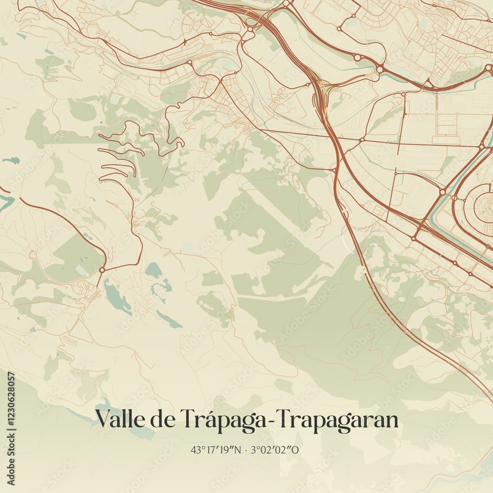 Fototapeta premium Retro Spanish map of Valle de Tr�paga-Trapagaran, Pa�s Vasco. Vintage street map.