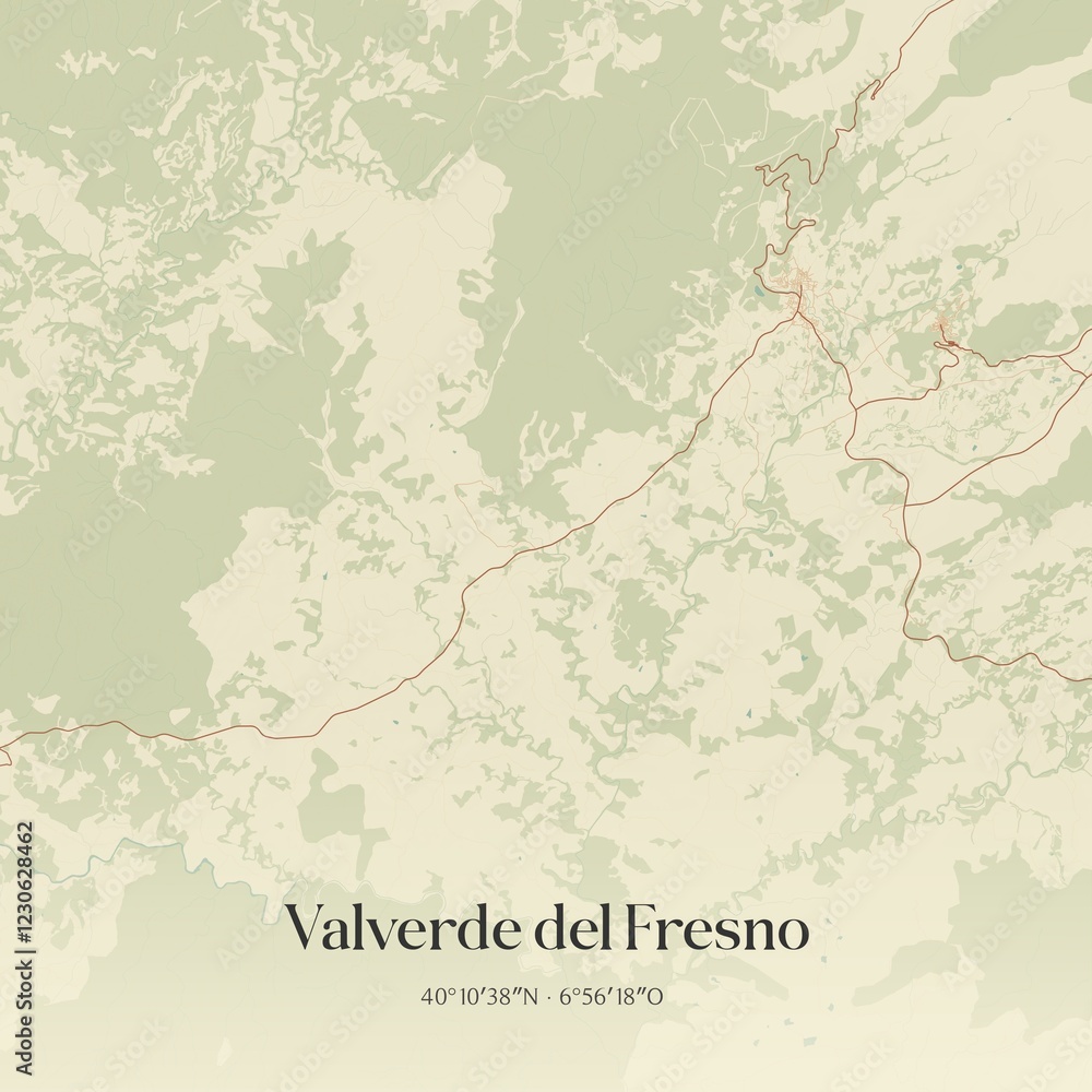 Obraz premium Retro Spanish map of Valverde del Fresno, Extremadura. Vintage street map.