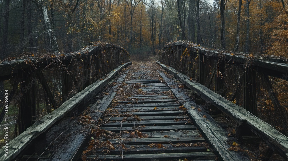 Old wooden bridge in autumnal forest scene Old wooden bridge in autumnal forest scene