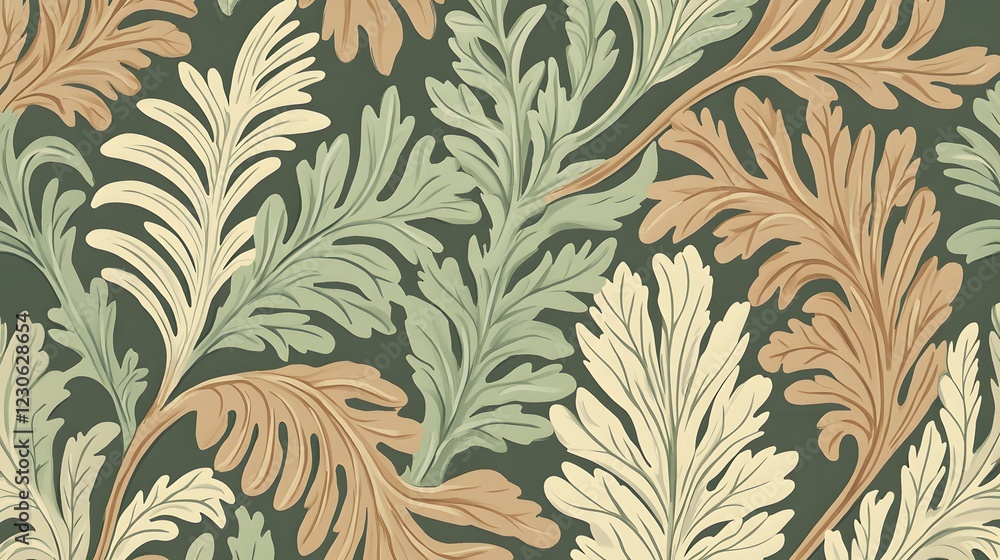 Obraz premium Elegant Green and Beige Botanical Leaf Pattern Seamless Repeat