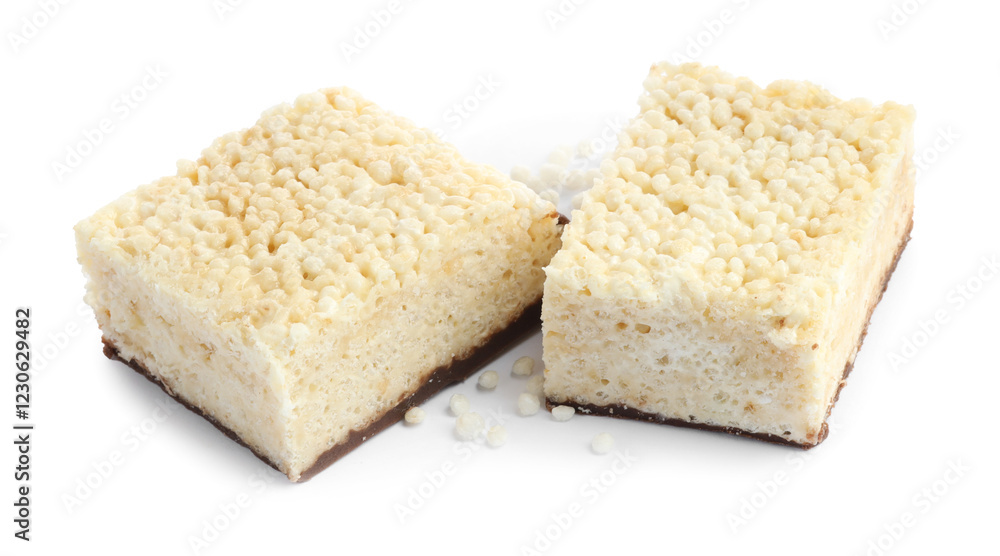 Delicious puffed rice bars isolated on white Delicious puffed rice bars isolated on white