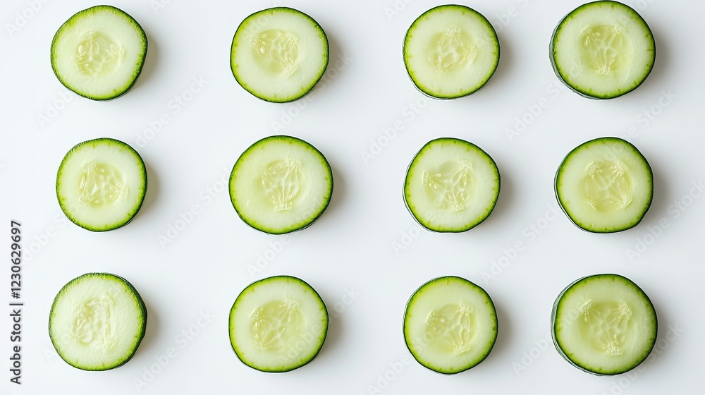 Cucumber slices in round shapes, taken from different sides, placed on a white background. Cucumber slices in round shapes, taken from different sides, placed on a white background.