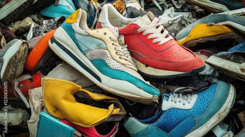 A large collection of worn-out and colorful sneakers, piled on top of each other in a trashy state.
