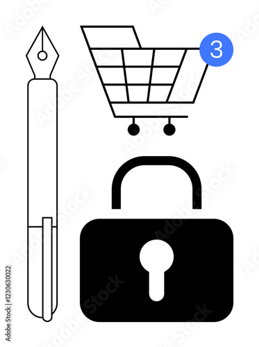 Fountain pen, shopping cart with notification bubble showing three items, black padlock. Ideal for e-commerce, online shopping, digital security, communication, business, technology user