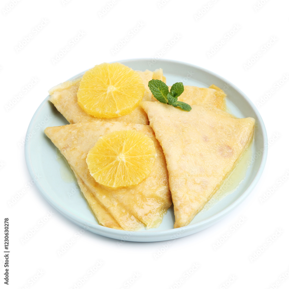Delicious Crepes Suzette dessert isolated on white Delicious Crepes Suzette dessert isolated on white