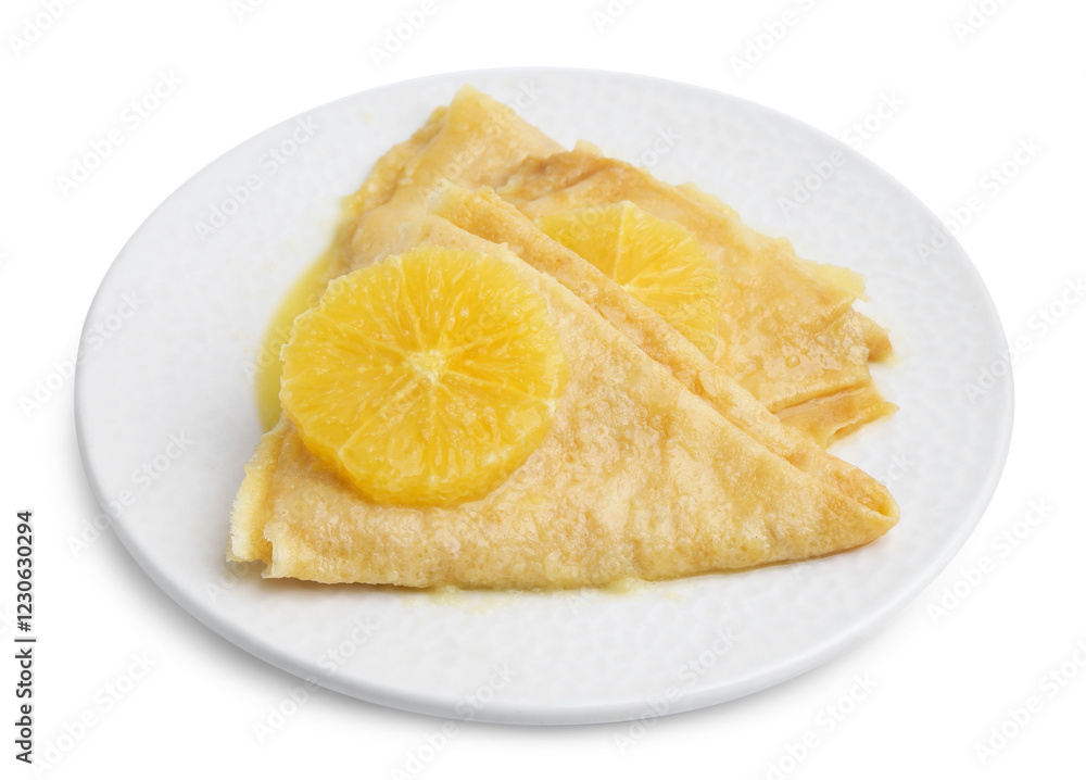 Delicious Crepes Suzette dessert on white background Delicious Crepes Suzette dessert on white background
