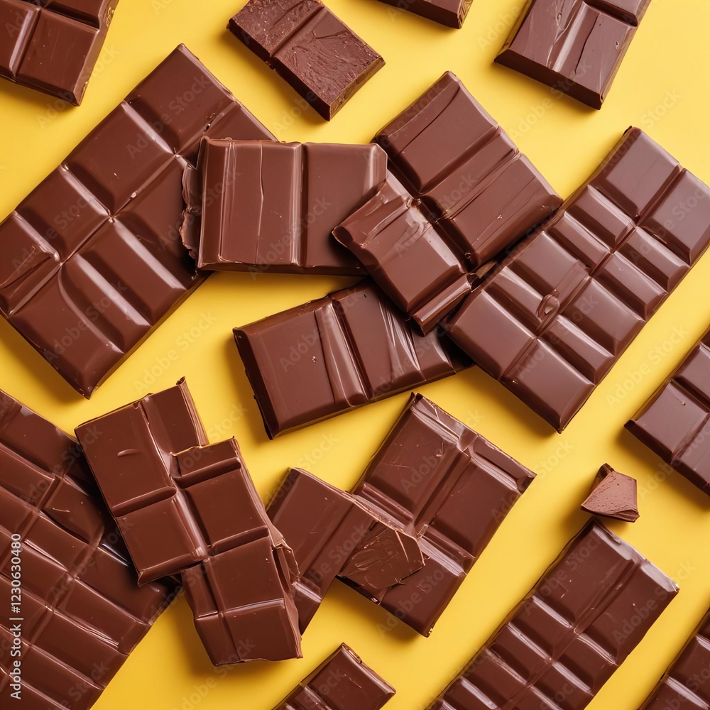 Fototapeta premium Chocolate bars on yellow background, closeup, space for text, copy space 