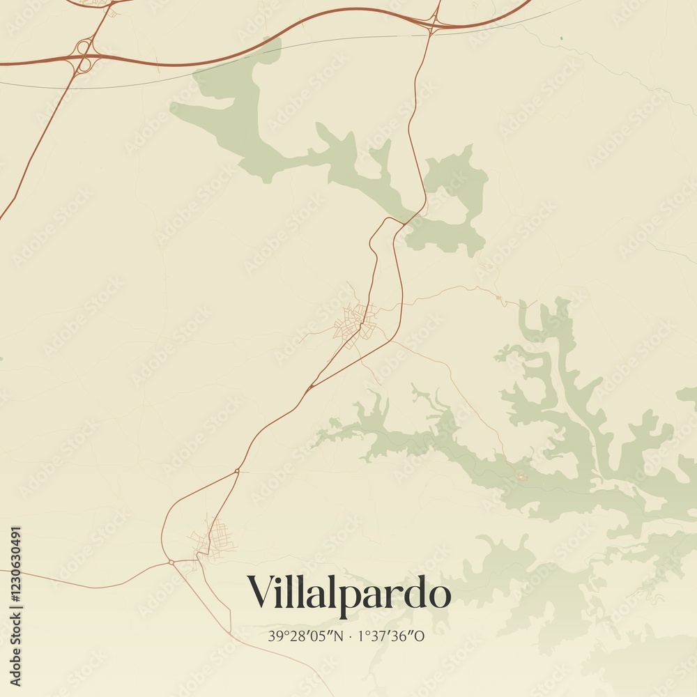 Fototapeta premium Retro Spanish map of Villalpardo, Castilla-La Mancha. Vintage street map.