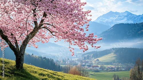 Discover a beautiful royalty-free photo of a cherry tree in bloom against a stunning Bavarian backdrop.