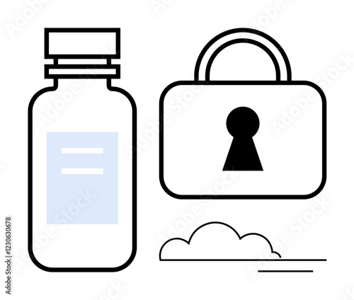 Medicine bottle beside a padlock with cloud element. Ideal for healthcare, security, data privacy, pharmaceutical industry, cyber safety, access control, medical confidentiality. Line metaphor