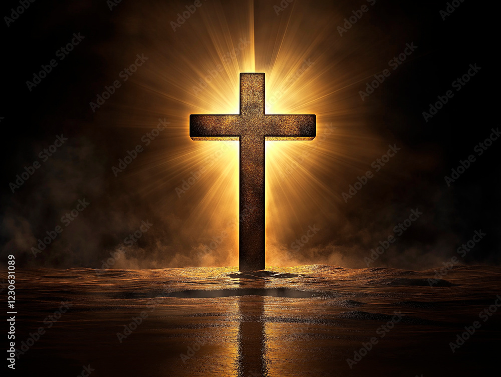 Naklejka premium A glowing cross reflected in calm water, symbolizing faith, hope, and spirituality.