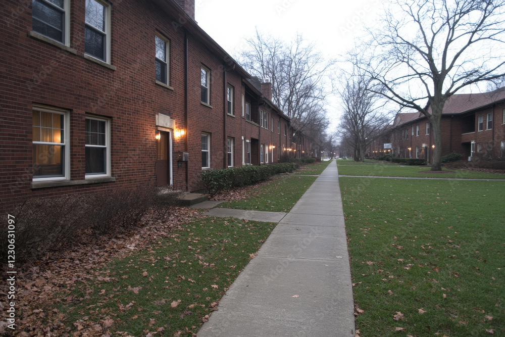 Fototapeta premium A row of brick buildings with a sidewalk in between