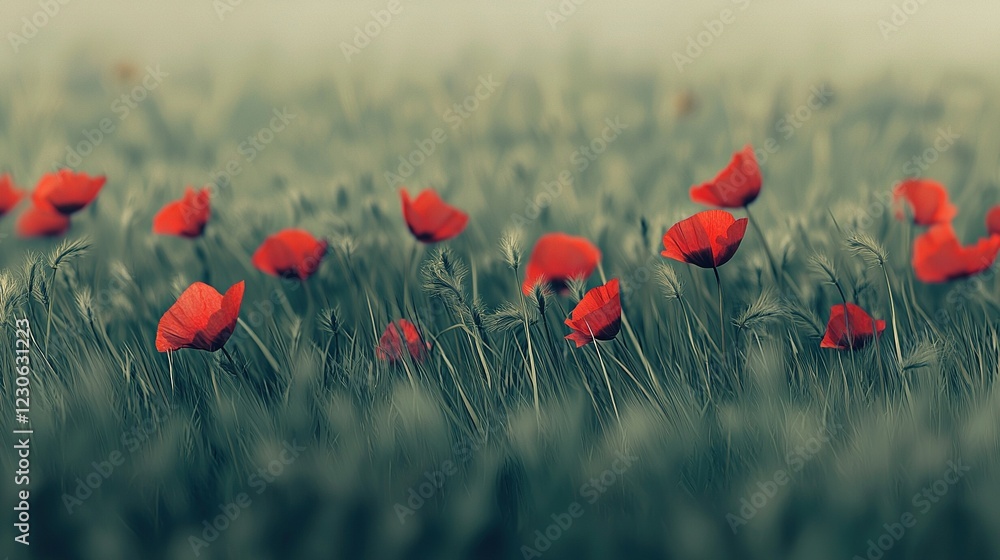 Naklejka premium A field of red flowers surrounded by green grass and a misty sky