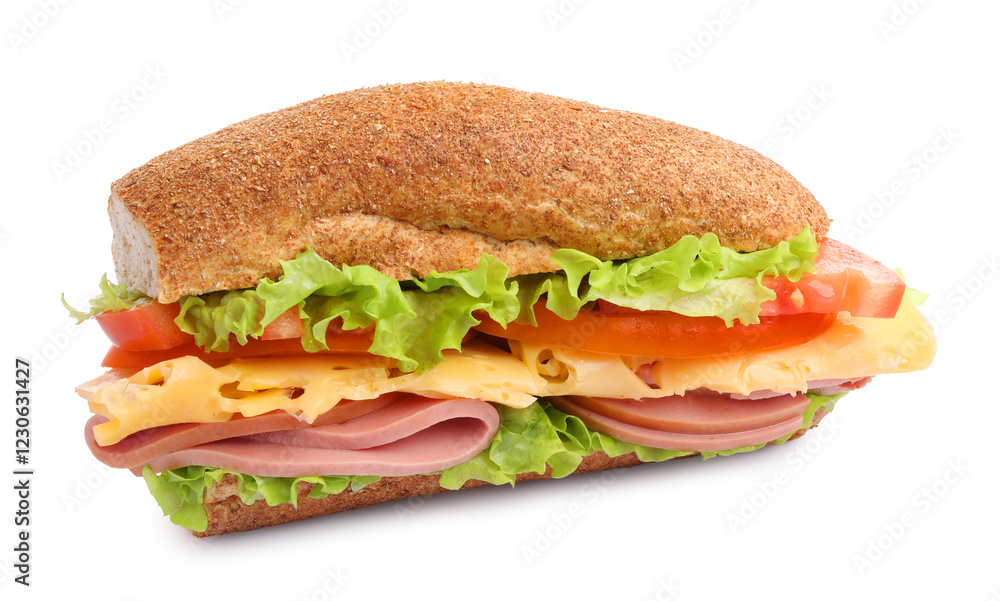 Delicious baguette sandwich with ham isolated on white Delicious baguette sandwich with ham isolated on white