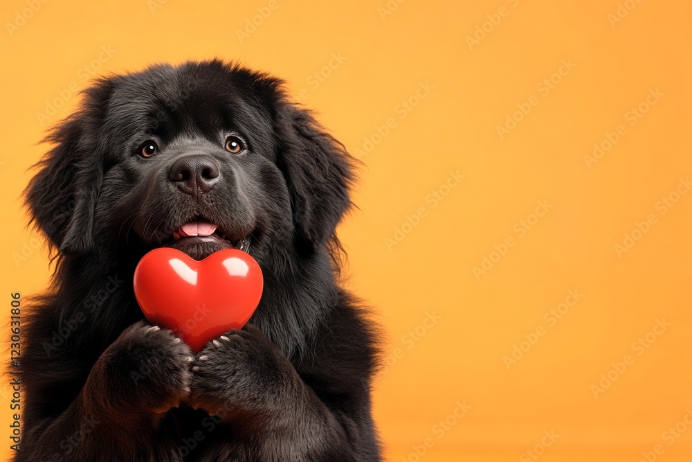 Fototapeta premium Cute newfoundland pup with furry friend toy red heart - emblem of love, funny greeting card. Newfoundland - my preferred dog. Marketing layout. Heart and paw valentine. Pet love and friendship.