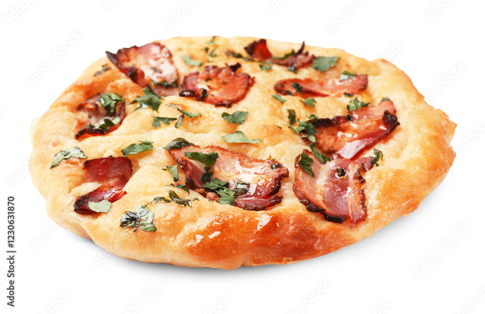Delicious focaccia bread with bacon and parsley isolated on white Delicious focaccia bread with bacon and parsley isolated on white