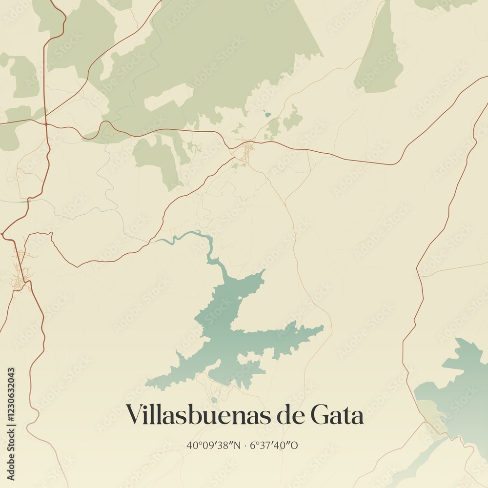 Fototapeta premium Retro Spanish map of Villasbuenas de Gata, Extremadura. Vintage street map.