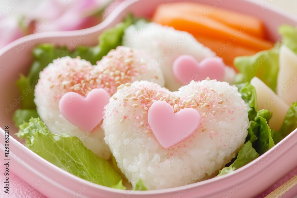dreamy pastel colored bento featuring heart shaped onigiri, delicately tinted with pink sakura powder and lightly dusted with white sesame seeds dreamy pastel colored bento featuring heart shaped onigiri, delicately tinted with pink sakura powder and lightly dusted with white sesame seeds
