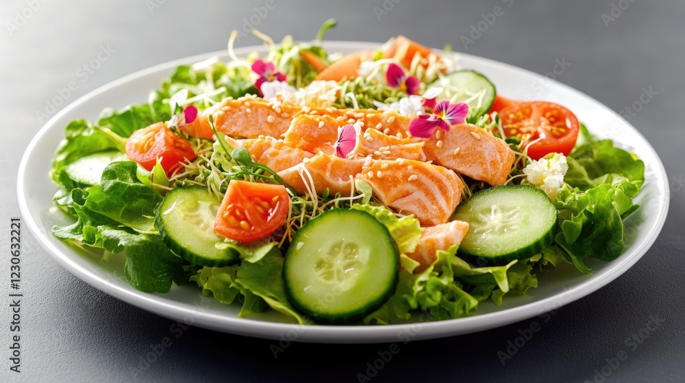 A plate of fish salad with vegetables, served on a white plate. The dish includes grilled salmon with green leafy greens and other vegetables. A plate of fish salad with vegetables, served on a white plate. The dish includes grilled salmon with green leafy greens and other vegetables.