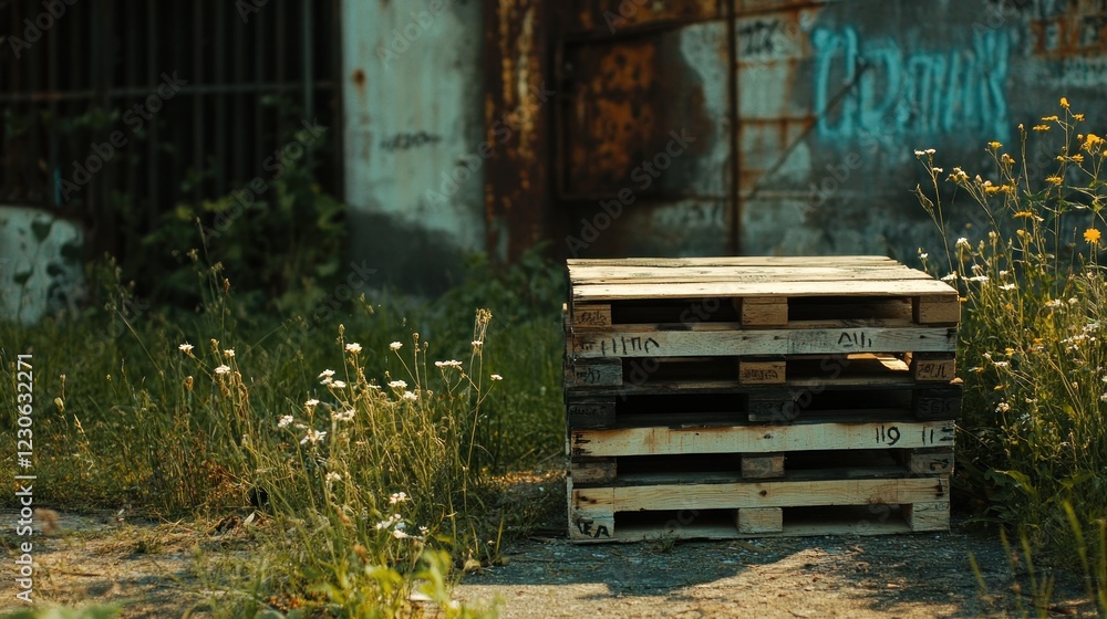 Stacked Wooden Pallets Beside Weedy Urban Background Stacked Wooden Pallets Beside Weedy Urban Background