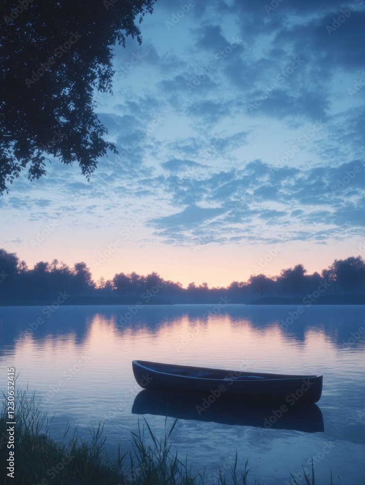 A tranquil evening scene with a canoe on still waters under the fading light of the day. A tranquil evening scene with a canoe on still waters under the fading light of the day.