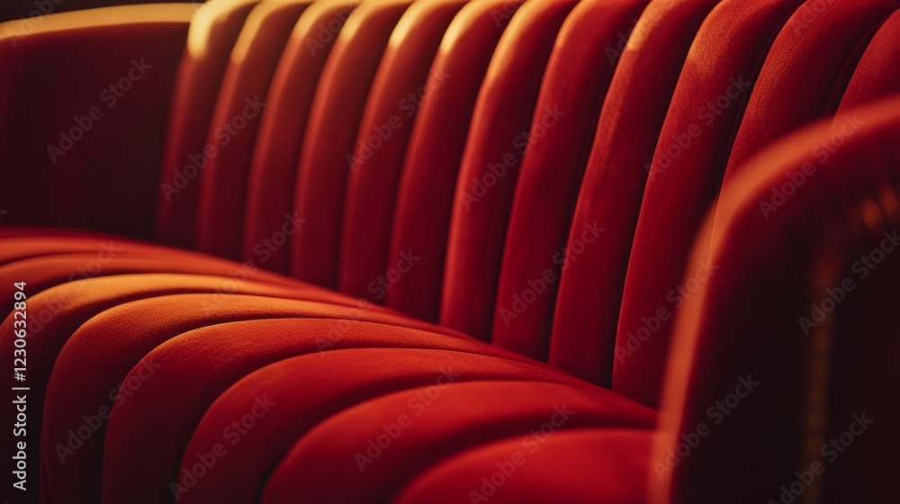 Fototapeta premium Elegant red velvet sofa close-up with warm ambient lighting