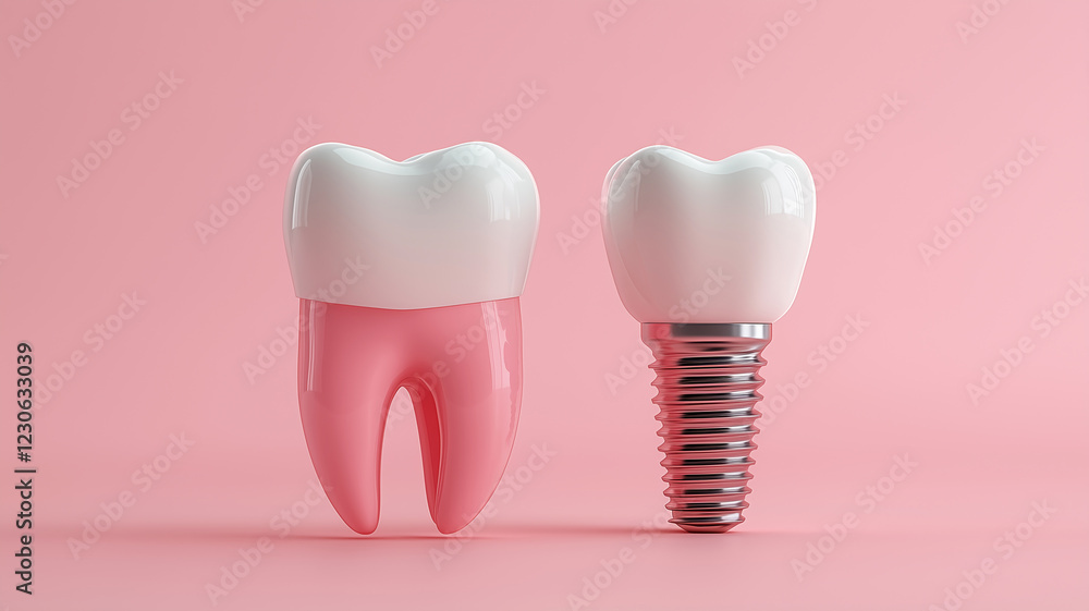 dentistry dental implantation a mock-up of a healthy tooth and implant on a pink background dentistry dental implantation a mock-up of a healthy tooth and implant on a pink background