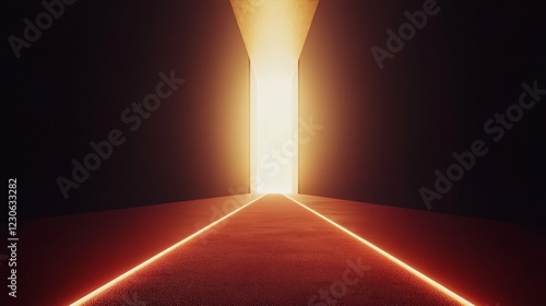 Glowing portal in dark hallway with illuminated pathway leading to bright light
