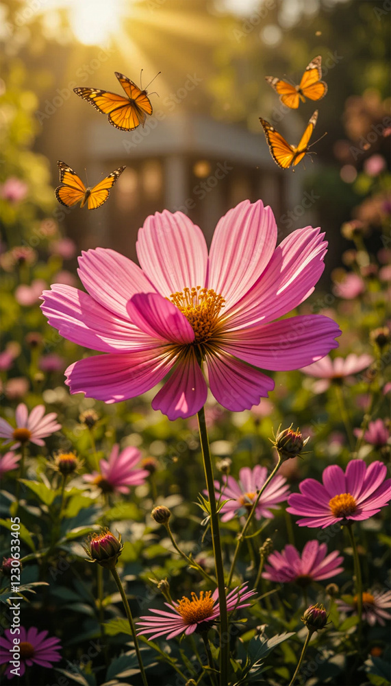 Obraz premium Cosmos Blossom and Butterflies in Golden Sunlight