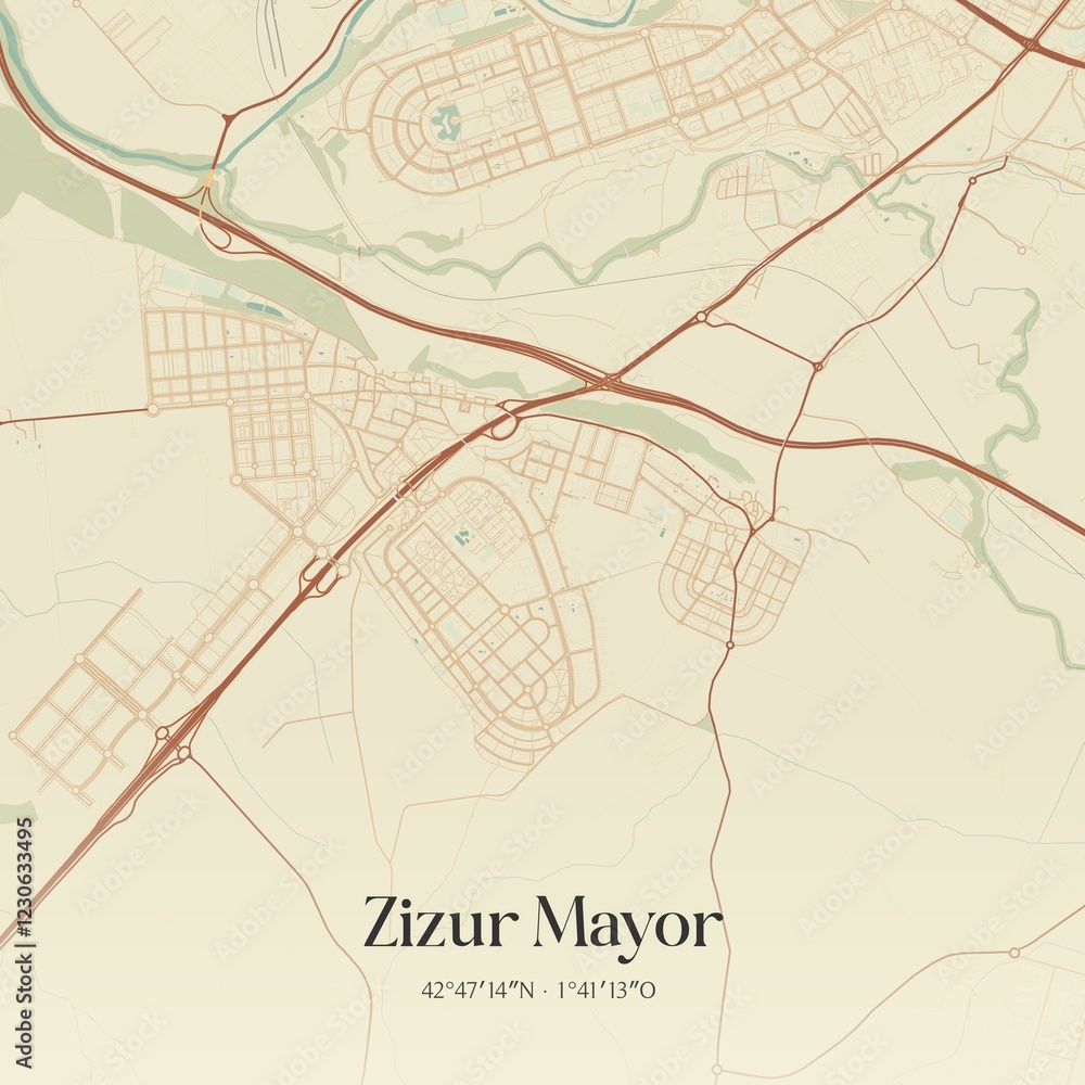 Fototapeta premium Retro Spanish map of Zizur Mayor, Comunidad Foral de Navarra. Vintage street map.