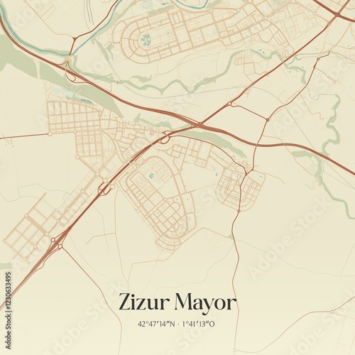 Wallpaper Mural Retro Spanish map of Zizur Mayor, Comunidad Foral de Navarra. Vintage street map. Torontodigital.ca