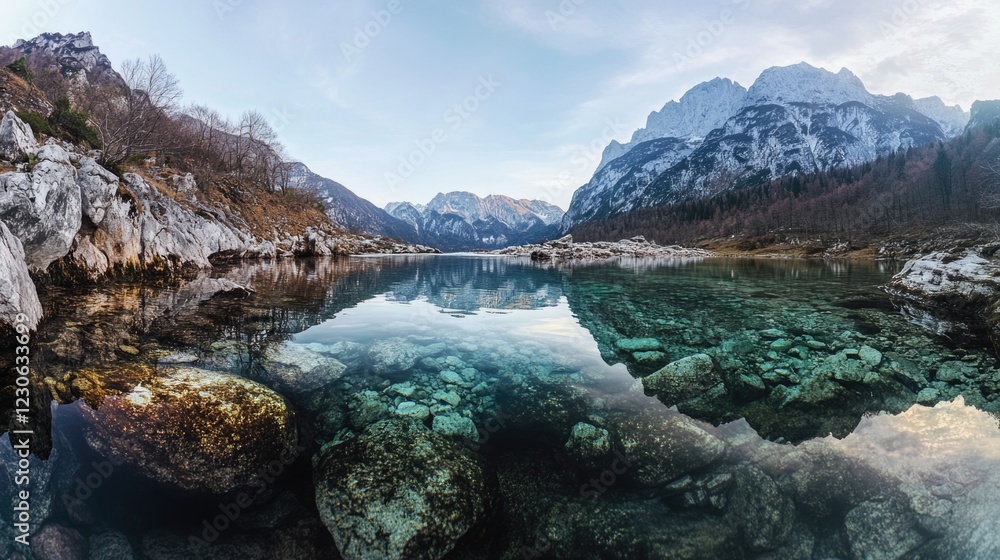 Fototapeta premium Crystal clear emerald water lake nestled among rocky mountain peaks in the Alps. Reflection of surrounding landscape is clearly visible.