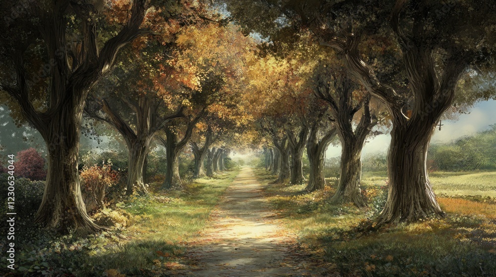 Autumnal Pathway Through Majestic Trees Lining A Country Road Autumnal Pathway Through Majestic Trees Lining A Country Road