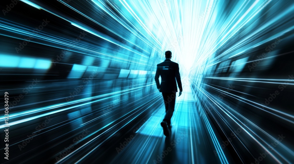 Silhouette of a businessman walking through a futuristic blue light tunnel Silhouette of a businessman walking through a futuristic blue light tunnel
