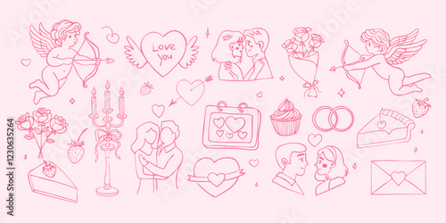 A pink background with a lot of different drawings of people and objects. The drawings include a man and woman hugging, a man and woman kissing, a man and woman holding hands, a man and woman kissing
