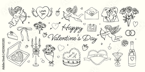 A black and white drawing of Valentine's Day with many different symbols and images. The drawing is of a woman and a man holding hands, and there are many other symbols of love and romance