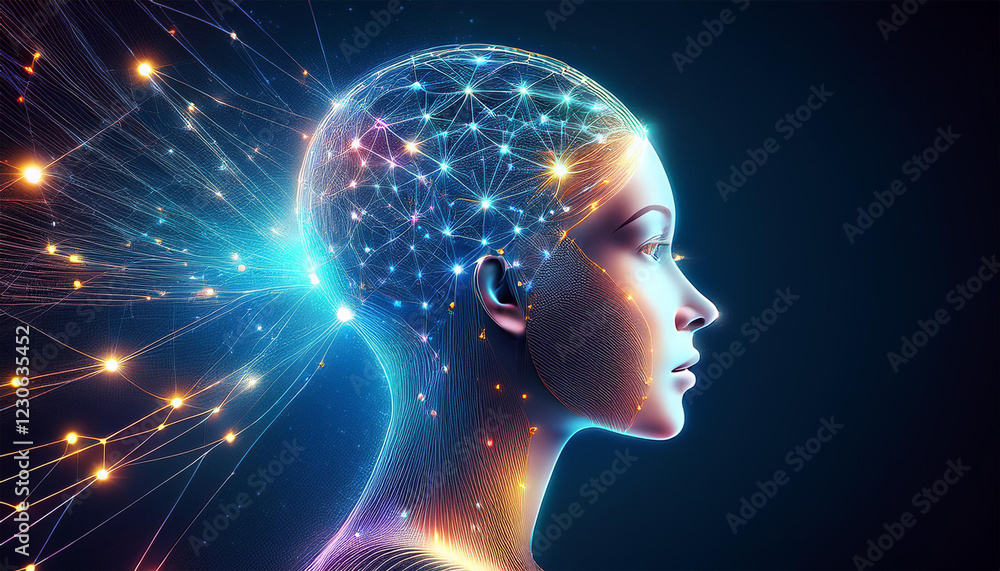 silhouette of head filled with glowing connections symbolizing silhouette of head filled with glowing connections symbolizing