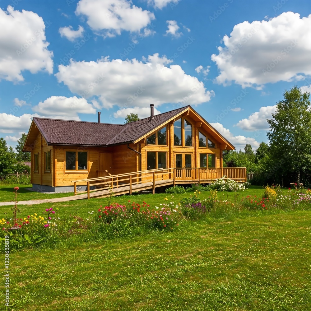 Photorealistic square image of a modern wooden high-tech country house. Sunny summer day with blue sky and white clouds. Green lawn with flowers, wheelchair-accessible wooden ramp, and empty space for Photorealistic square image of a modern wooden high-tech country house. Sunny summer day with blue sky and white clouds. Green lawn with flowers, wheelchair-accessible wooden ramp, and empty space for