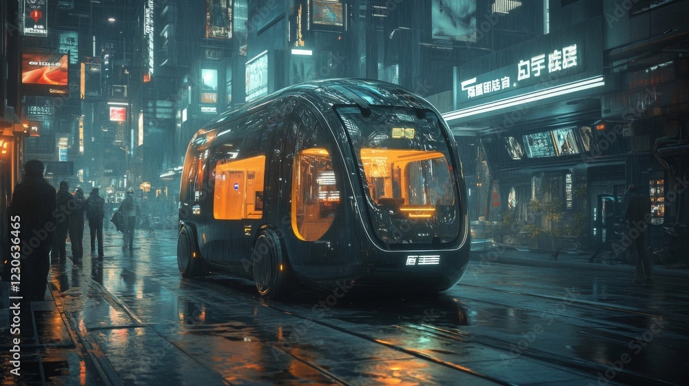 Fototapeta premium Futuristic City Night Scene: Rain-slicked Streets and Neon Lights Illuminate a Sleek Autonomous Vehicle