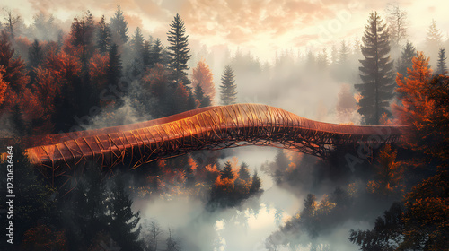 Lone, intricately designed metallic amber hued bridge spans misty valley. Amber Valley. Illustration photo