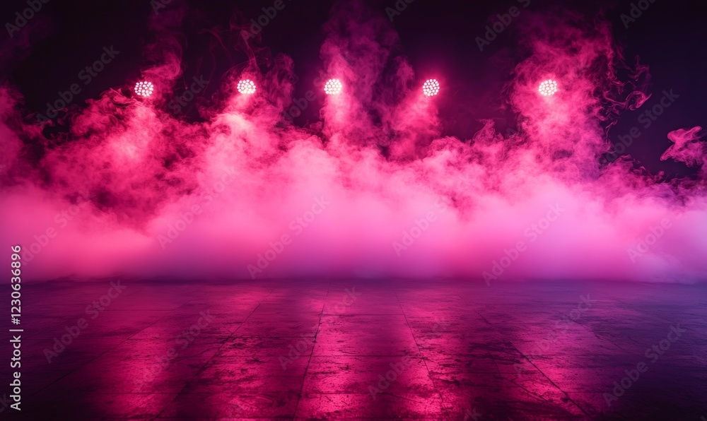 Fototapeta premium A dynamic concert stage featuring spotlights, laser lighting, and a haze of atmospheric smoke.