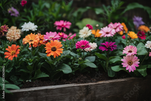 Wallpaper Mural Colorful garden bed with blooming flowers, herbs, and leafy greens, illuminated by soft afternoon sunlight, creating a peaceful atmosphere with earthy tones and wooden edges. Generative AI Torontodigital.ca