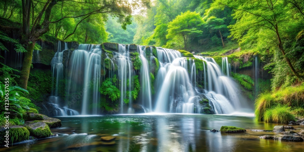 Obraz premium waterfall cascade in dense forest foliage, picturesque, water, picturesque, water, vegetation, landscape, serene