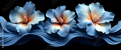 Three Blue Textured Hibiscus Flowers on Wavy Background photo