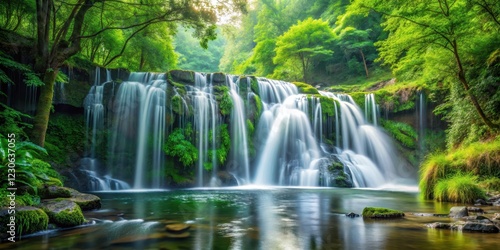 waterfall cascade in dense forest foliage, picturesque, water,  picturesque, water, vegetation, landscape, serene