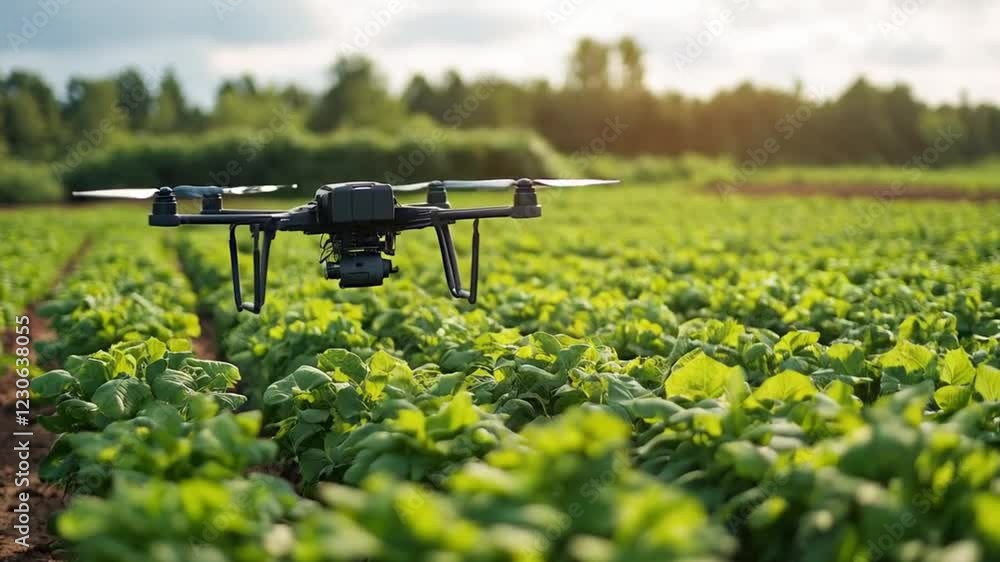 A drone flies over a lush green field on a sunny day. Sunlight illuminates the scene. The drone is black, and the plants are vibrant green. The background includes a blurred line of trees A drone flies over a lush green field on a sunny day. Sunlight illuminates the scene. The drone is black, and the plants are vibrant green. The background includes a blurred line of trees
