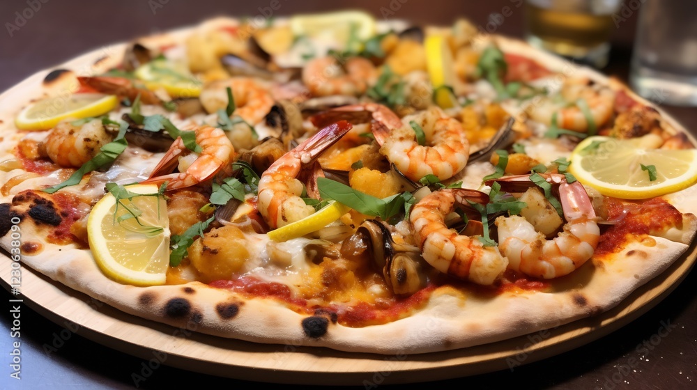 Delicious seafood pizza with shrimp lemon and basil meal tasty sauce fresh dinner cheese tomato Delicious seafood pizza with shrimp lemon and basil meal tasty sauce fresh dinner cheese tomato