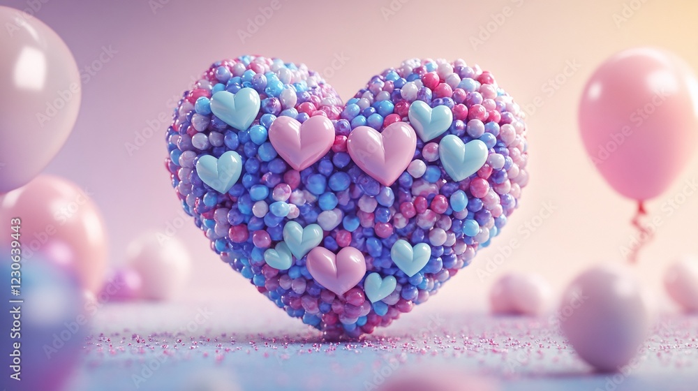 Fototapeta premium 3D Heart with pastel colors, colorful balloons. Romantic or festive banner, Valentine's Day greeting card