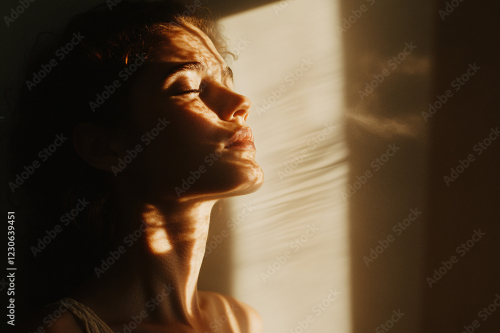 Dramatic portrait of a woman illuminated by a ray of light in a dark setting, evoking themes of hope, introspection, spirituality, and emotional depth