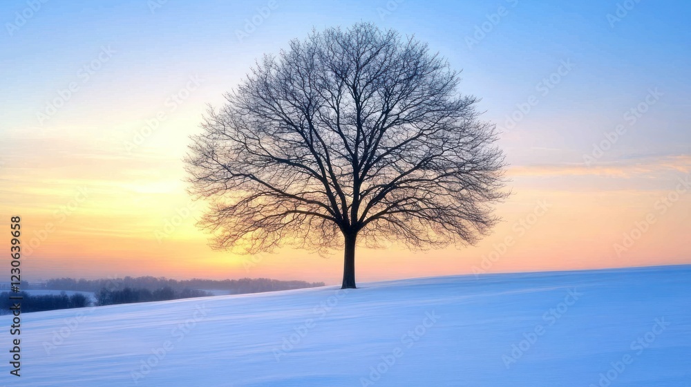 Solitary Winter Tree at Sunset Over Snowy Field Solitary Winter Tree at Sunset Over Snowy Field